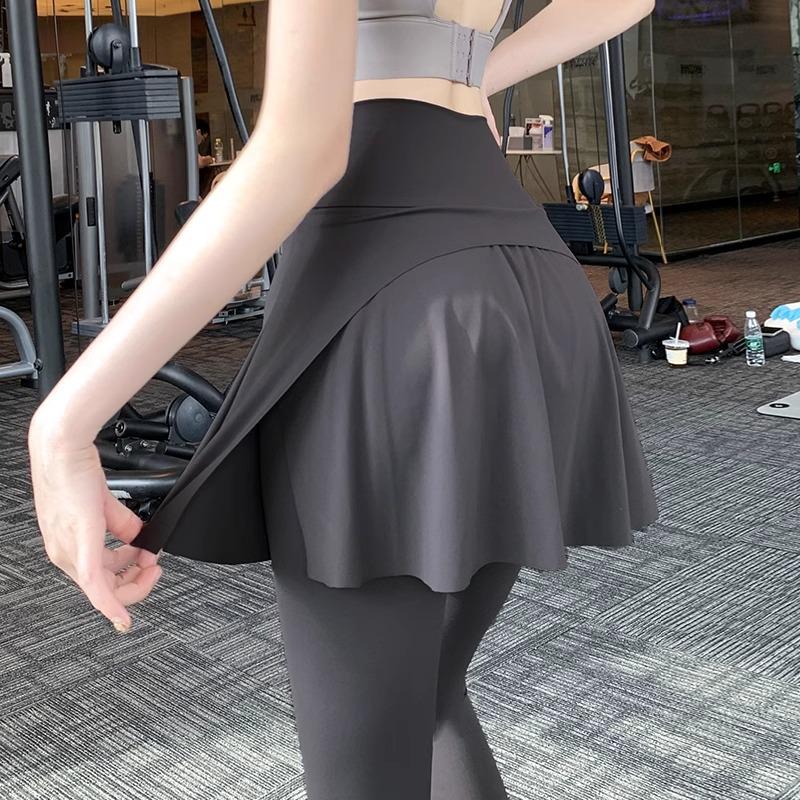 Petite Women's High-Waisted Shark Pattern Fleece-Lined Leggings with Skirt for Running, Fitness and Yoga