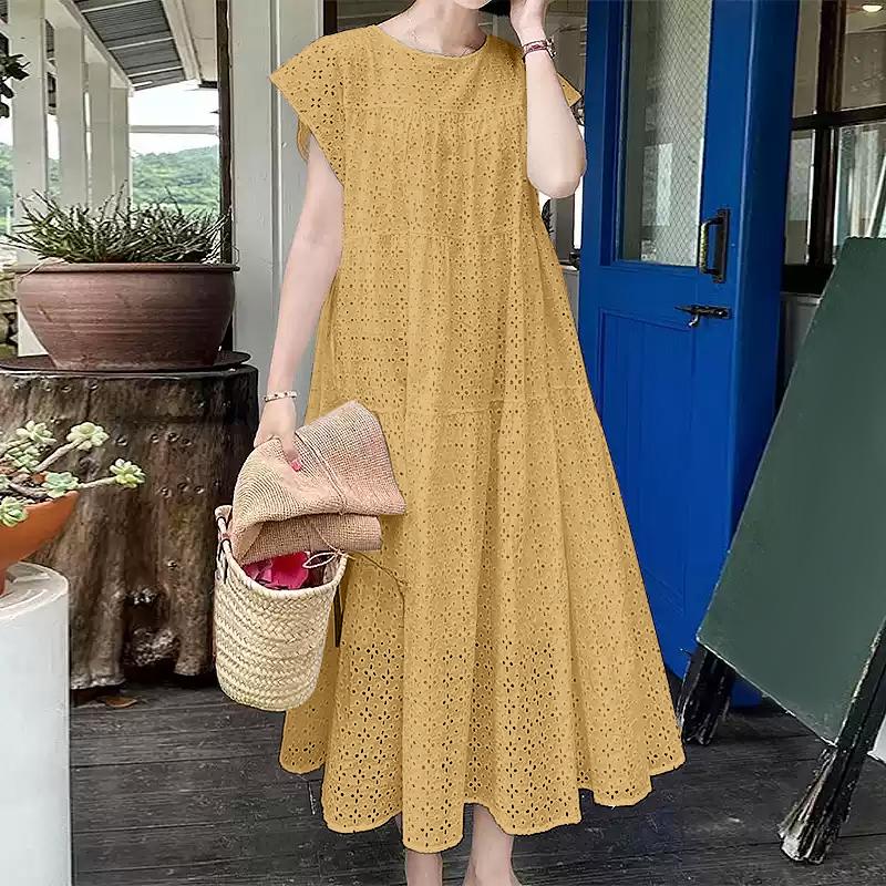 ZANZEA Women Summer Hollow Crochet Patchwork Casual Short Sleeve Dress