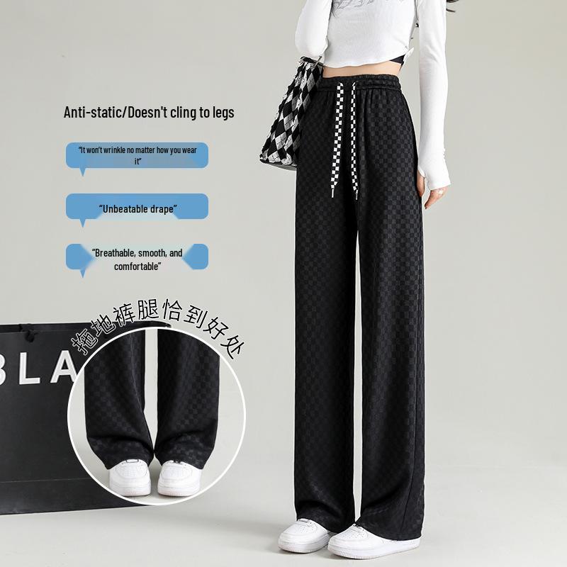 Checkered Ice Silk Wide-Leg Pants for Women, Summer 2025: High-Waist, Floor-Length, Casual Petite Straight-Leg Design