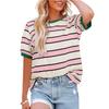 Womens Striped Contrast Color Loose Round Neck Short Sleeve Casual T Shirt