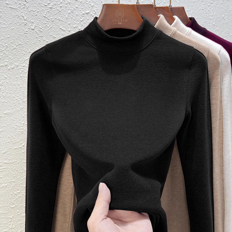 German Velvet Cashmere Semi-turtleneck Bottoming Shirt Women's Black Technology Thermal Clothing Autumn and Winter Thick with Velvet Black Top