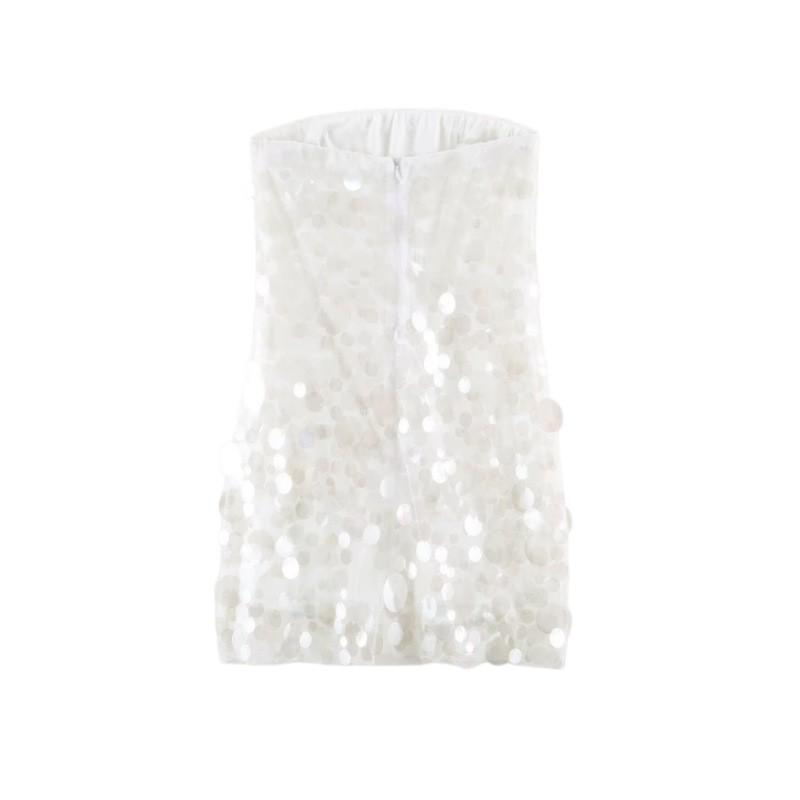 Womens 2026 Sequin Embellished Strapless Bodycon Mini Dress - White High Waist Sleeveless Slim Fit
