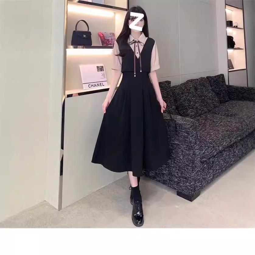 Large size suit skirt covering meat high waist splicing fake two-piece dress women's summer and Korean college style age-reducing dress