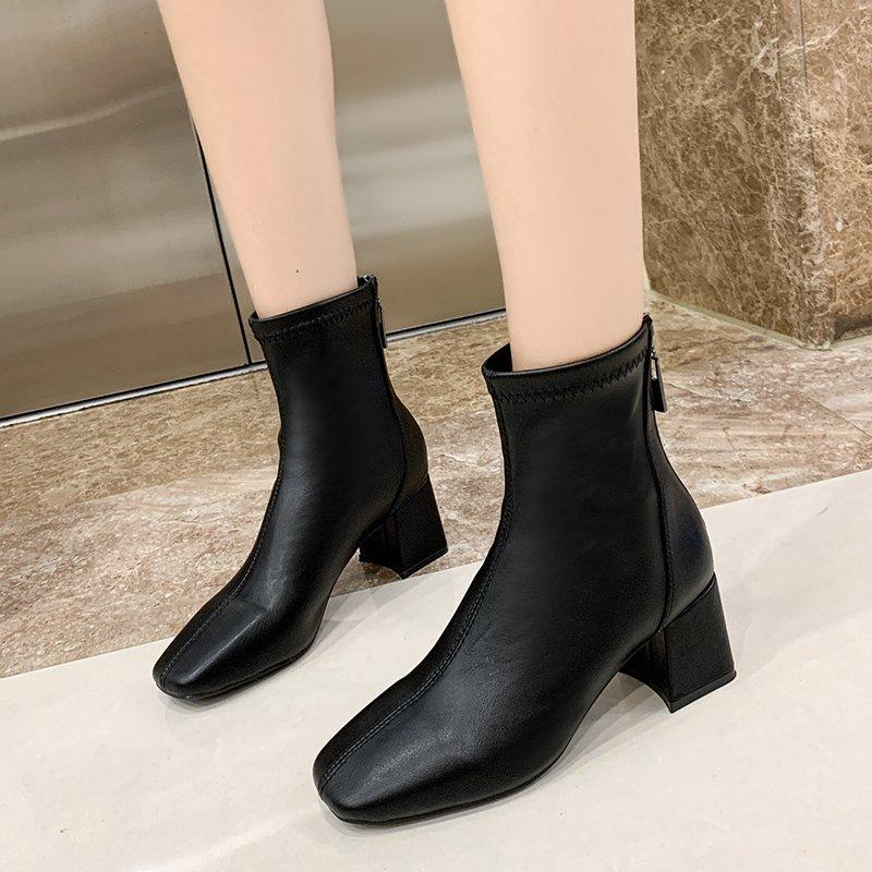 Dames Ensfarget Mote Høye Hæler med Glidelås bak Mote Støvletter Høye Støvletter Lærsko Midhøye Støvletter Damesko