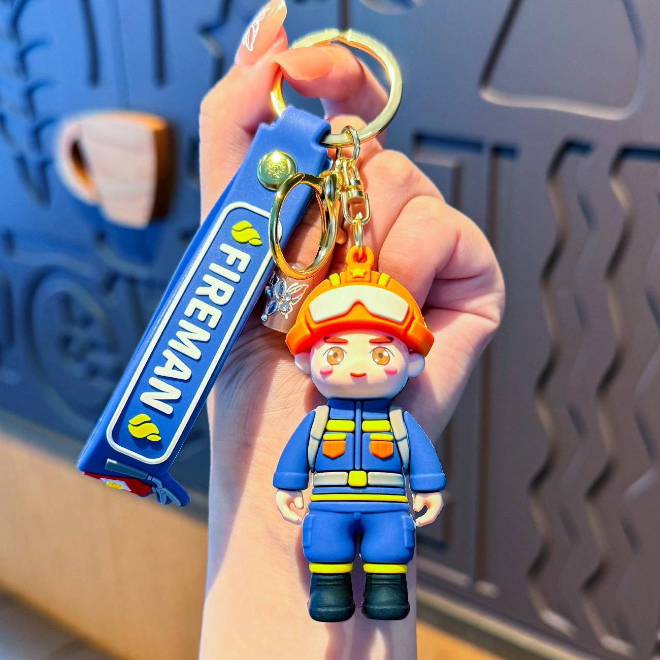 Firefighter Cartoon Keychain Charm - Cute Holiday Tribute Gift Individually Packaged