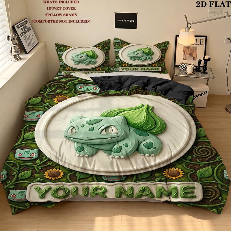 Custom Name,Bulbasaur Pattern Bedding Home Decoration Birthday Gift ( 1 duvet cover + 2 pillowcase, without core),fan merchandise.
