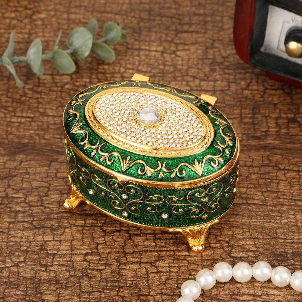 European Style Mini Jewelry Storage Box Organizer Portable Ellipsoid Inlaid Gem Alloy Necklace Ring Storage Dresser Display Case