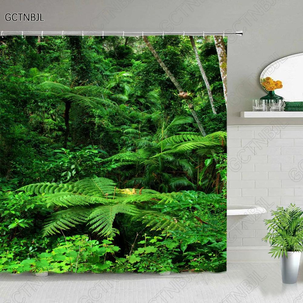 Modern 3D Printing Green Plant Tree Scenery Shower Curtains Forest Bamboo Landscape Bath Curtain Set For Bathroom Decor Cloth
