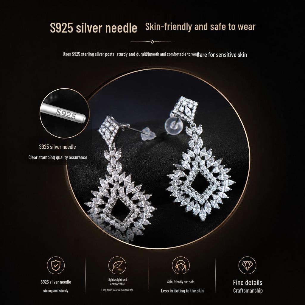 High-End Geometric Zirconia Earrings for Women - Long S925 Silver Needle, Bridal Wedding Fashion Accessories