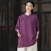 Johnature Vintage Women Shirts Stand Half Sleeve Solid Color Blouses Summer Button Chinese Style Loose Shirts