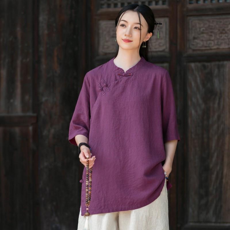 Johnature Vintage Women Shirts Stand Half Sleeve Solid Color Blouses Summer Button Chinese Style Loose Shirts