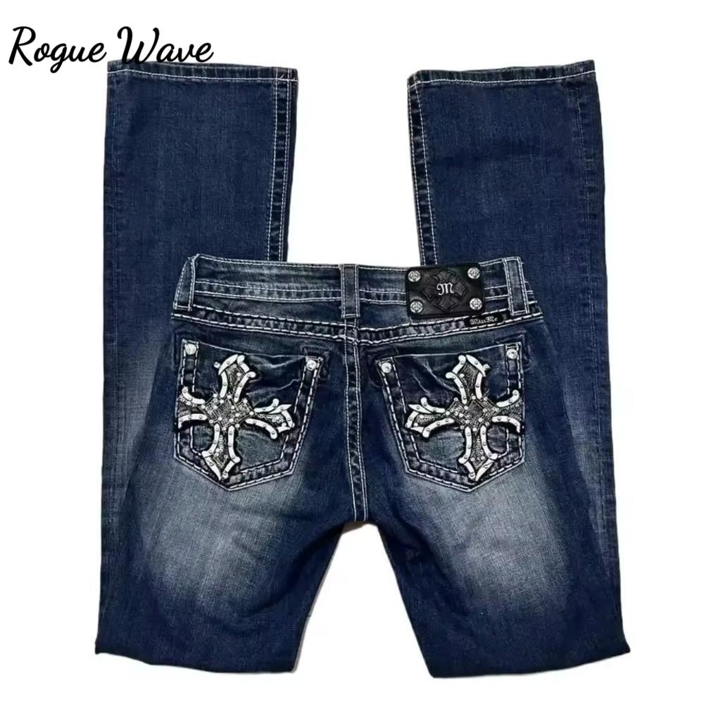 RogueWave American Retro Loose Flare Jeans Women Y2k Harajuku Gothic Vintage Blue Denim Pants Low Waist Wide Leg Trouser