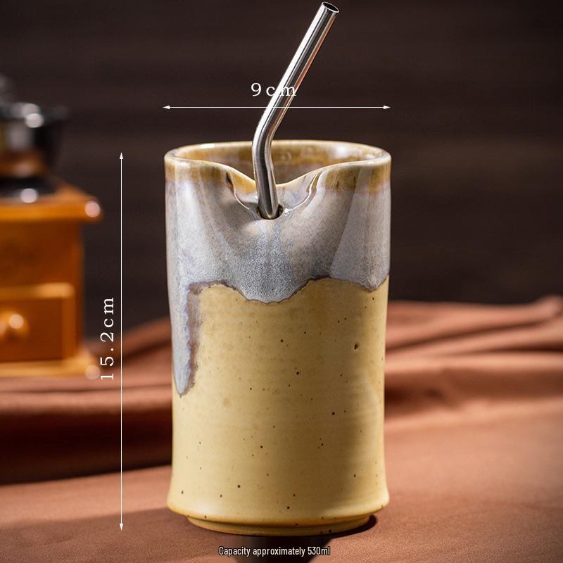 Nordic Creative Retro Ceramic Coffee Cup - Irregular Straight Cylinder Design, Coarse Pottery Finish, Straw Mug Style.
