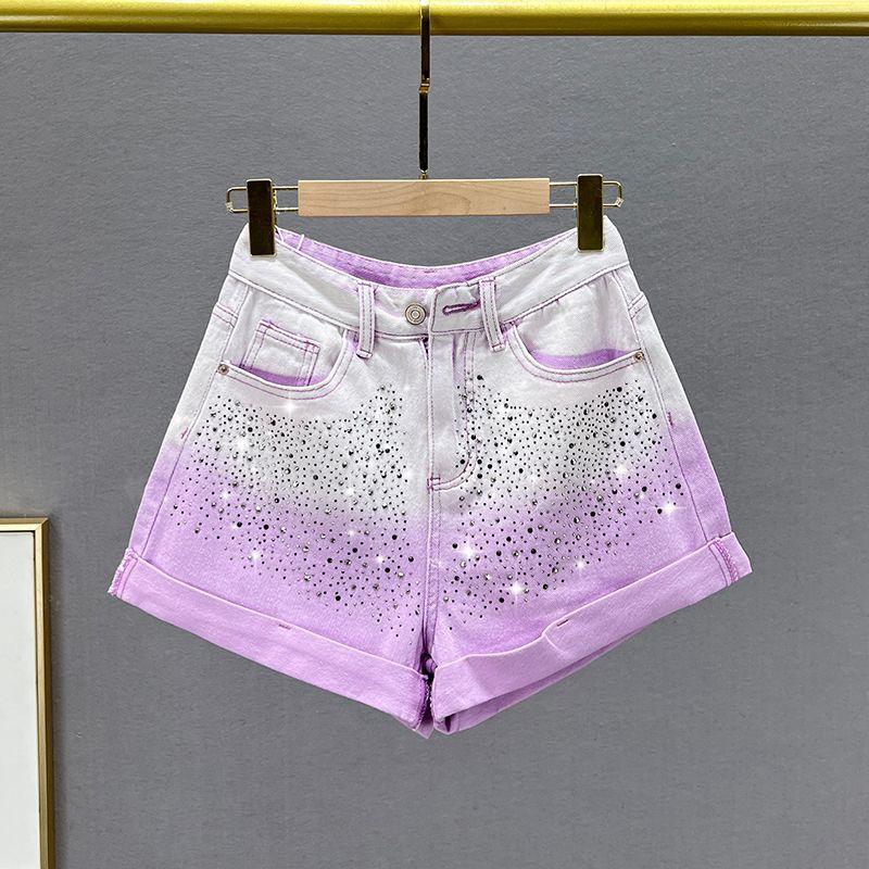 

European Station A- line High Waist Hot Drilling Flanging Denim Shorts Purple M