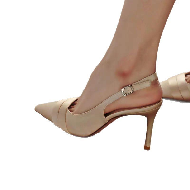 Spring and autumn new bag head light mouth satin champagne one-word buckle sandals women's sweet pointed stiletto high heels