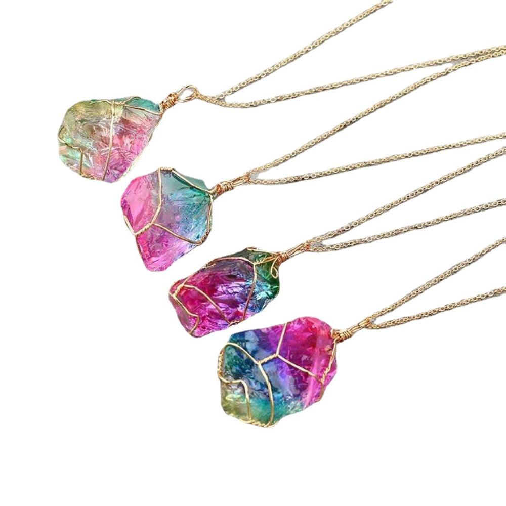 Fashion Retro Gold Color Chain Winding Wire Irregular Colorful Crystal Stone Pendant Necklace for Women Men Collar Chain Jewelry