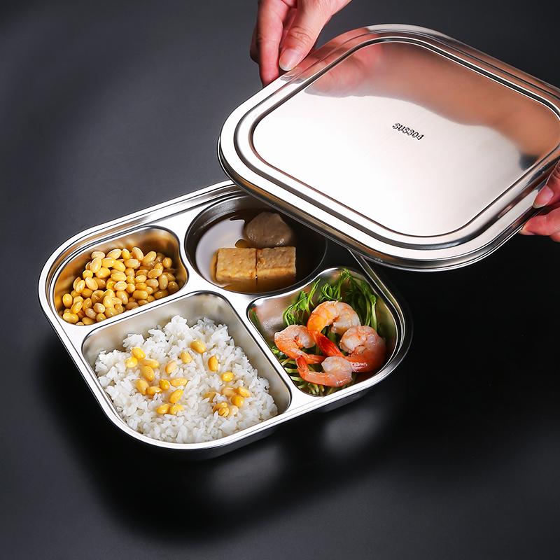 304 Food Grade Stainless Steel Meal Plate Divided with Lid Adult Three Compartment Lunch Box School Student Fast Food Plate