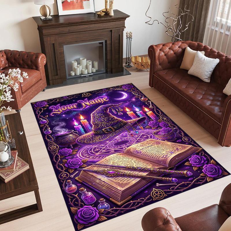 Witchcraft Theme Crystal Velvet Rug Personalized Custom Name Text Soft Floor Mat Home Decor
