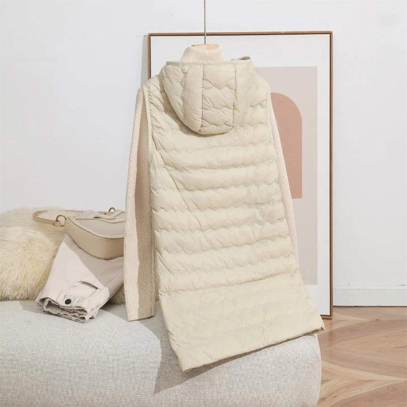 Light Thin Down Vest Women Winter Long Quilted Hooded Jackets Slim Waistcoat Autumn Basic Parkas