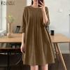ZANZEA Women Casual Round Neck Solid Color 3/4 Sleeve Loose Dress