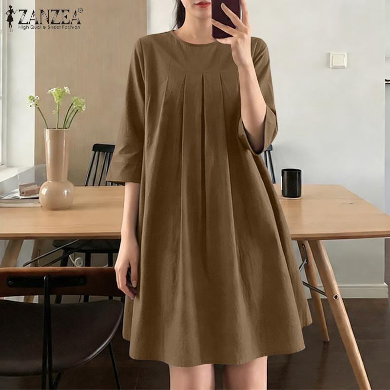 ZANZEA Women Casual Round Neck Solid Color 3/4 Sleeve Loose Dress