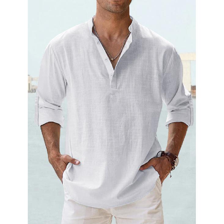 New Men'S Linen Stand Collar Long Sleeved T-Shirt Loose Sweatshirt Solid Color Long Sleeved Cotton Linen Shirt For Men