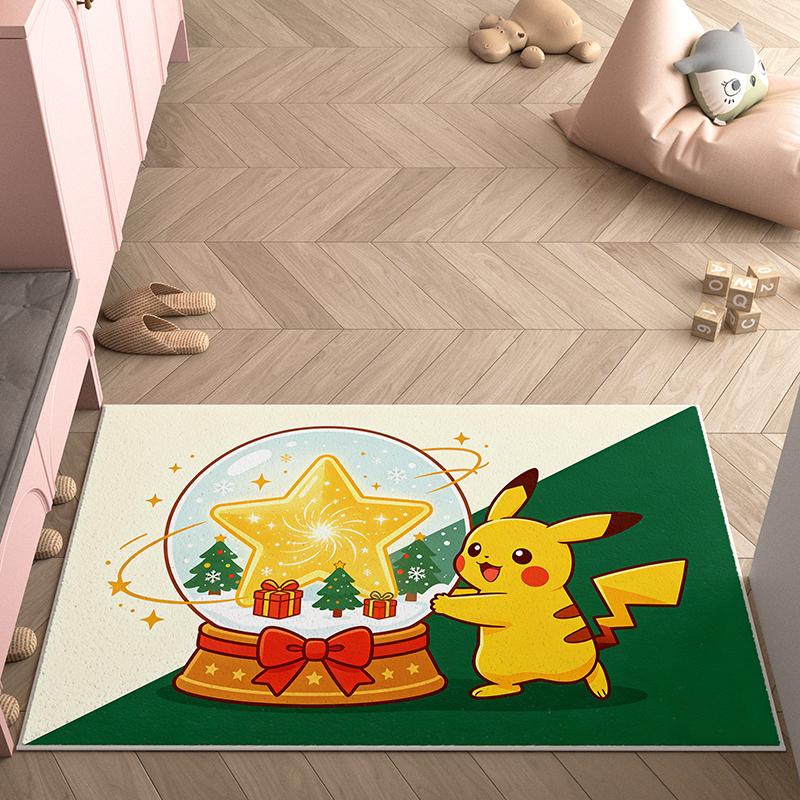 Xmas Tree Snow Globe Pikachu 3D Print Imitation Cashmere Rug, Soft Water Absorbent Mat For Living Room Decor