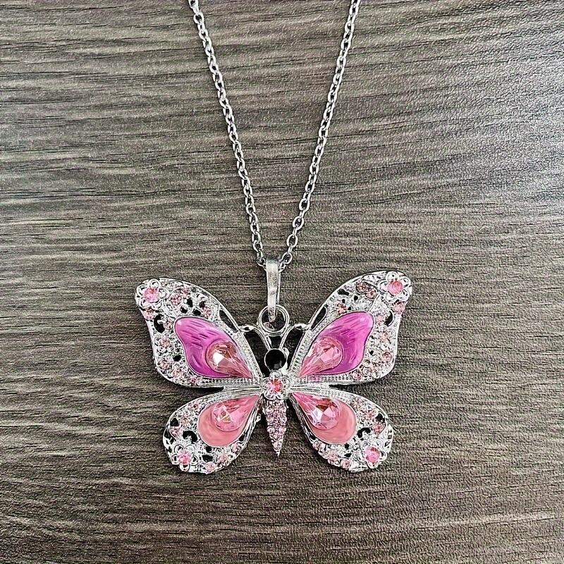 Retro Multicolor Rhinestones Butterfly Pendant Necklace Silver Plated Jewelry