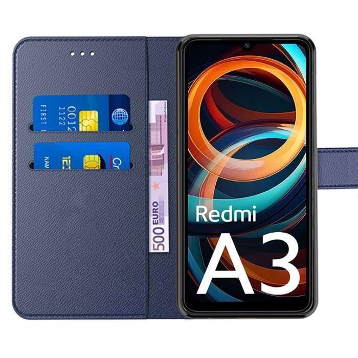 Coque pour Xiaomi Redmi A3 - Bleu Marine - Antichoc en Cuir PU - 2 Verres Trempés - Support intégré