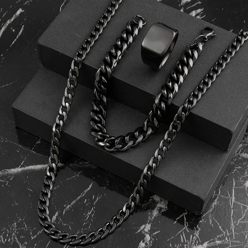 Jewelry Set Casting Square Men's Ring Punk Hip-Hop Style Cuban Chain Stainless Steel Accessories
