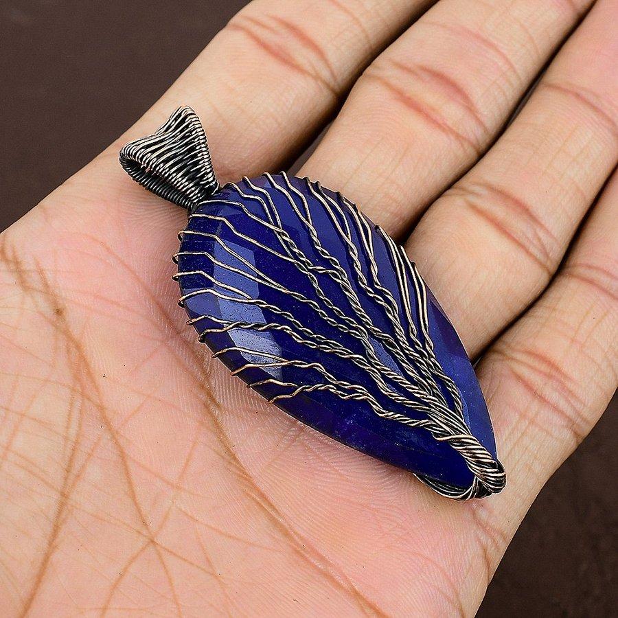 Sapphire Natural Gemstone Handmade Copper Wire Wrap Pendant 2.84" r8J48