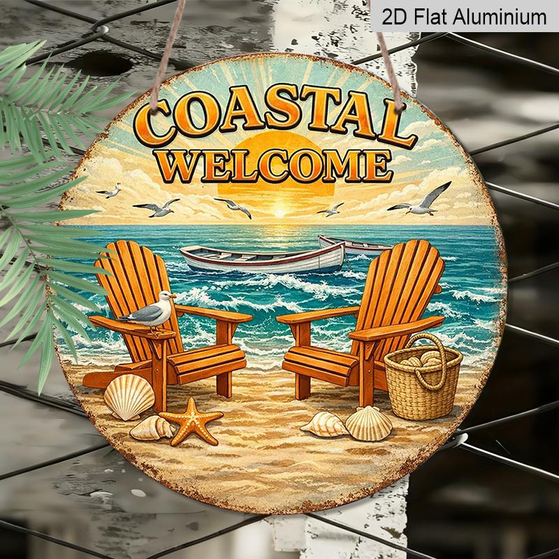 2D Flat, 1pc Round Aluminum Hanging Sign - "Coastal Welcome" Beach Sunset Vintage Metal Wall Art, Retro Ocean Chair & Seashell Design, Perfect for