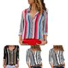 Elegant Women Autumn Striped Floral Button V Neck Long Sleeve T Shirt Casual Blouse