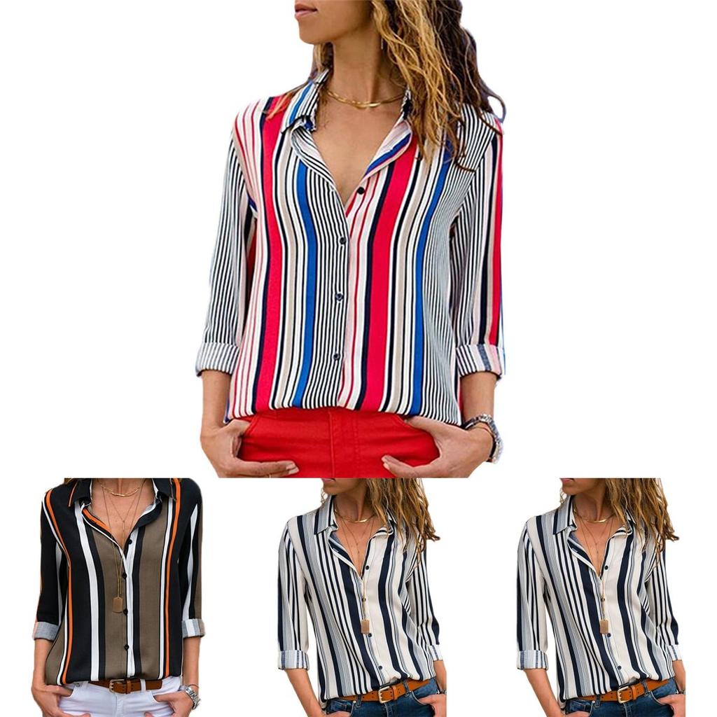 Elegant Women Autumn Striped Floral Button V Neck Long Sleeve T Shirt Casual Blouse