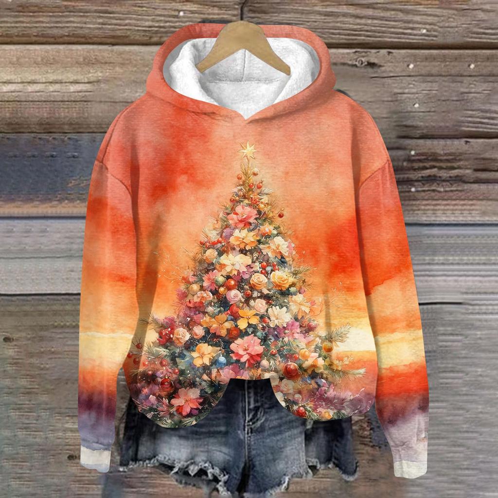 Women's Fashion Long Sleeve Christmas Print Loose Hooded Sweatshirt Top