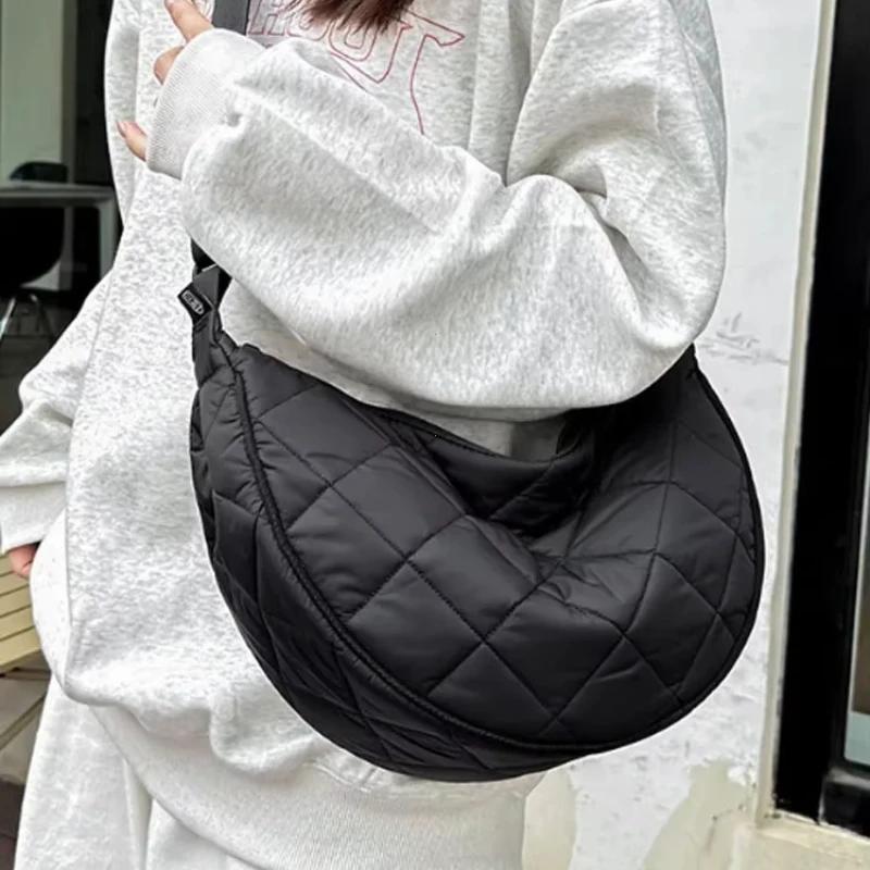 Women's Plaid Crossbody Messenger Bag Nylon Women Shoulder Bags Large Capacity Travel Half Moon Belt Bag Ladies Hobos Bag