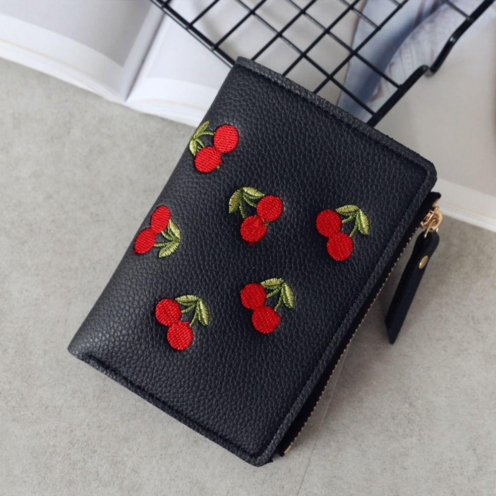 Korean Style Short Clutch Bag PU Leather Zipper Change Bag Temperament Retro Cherry Wallets Women