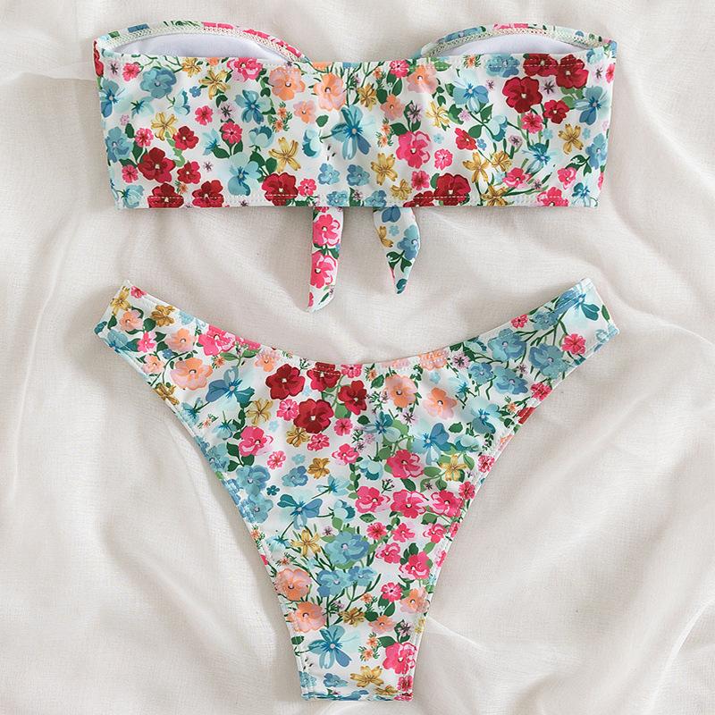 Floral Print Bandeau Bikini Set Off Shoulder Push Up Swimsuit Women Tube Top Bikinis Knot Swimwear Sexy Summer Bathing Suit