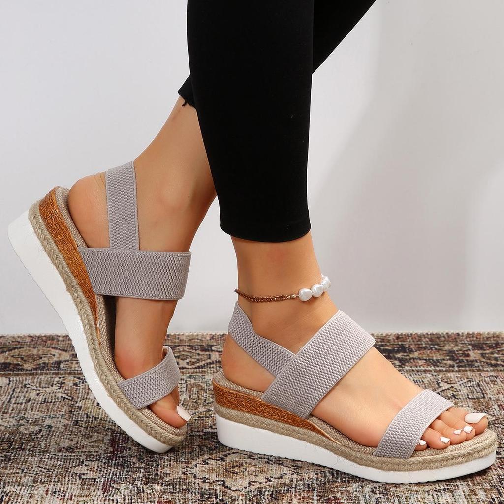 Plus Size Elastic Band Wedge Sandals, Women's Summer 2025, Slip-on Thick Sole Open Toe Sandals