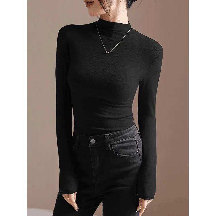 Women's Slim Fit Pleated Long-Sleeve German Velvet Turtleneck Top for Autumn/Winter