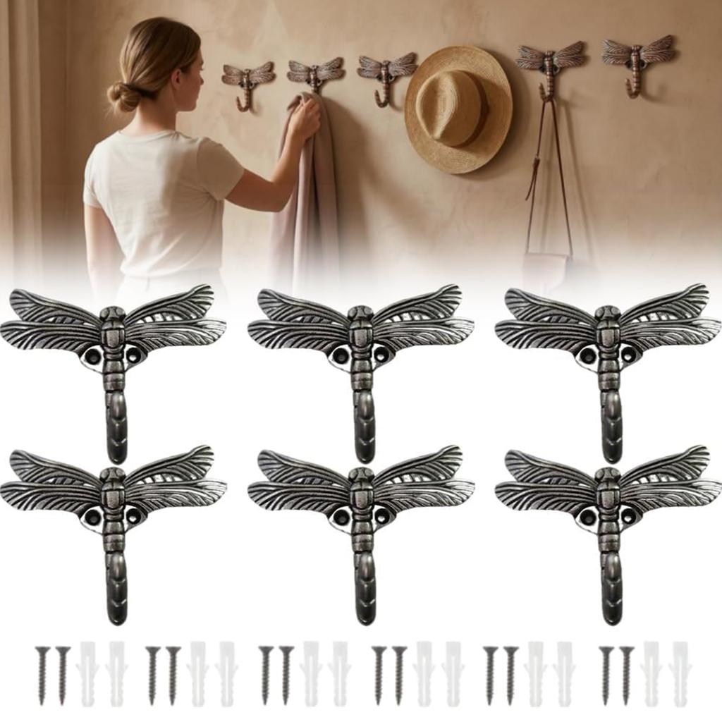 6 Pack Dragonfly Decorative Wall Hooks Decorative Mounted Hanger Vintage Coat Hooks for Coat Towel Robe Clothes Hats Bags Keys