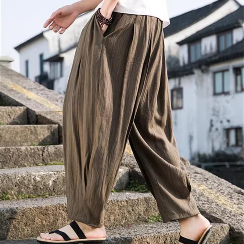 Summer Chinese Style Linen Trousers Solid Color Elastic Drawstring Patchwork Pockets Vintage Loose Casual Wide Leg Pantt