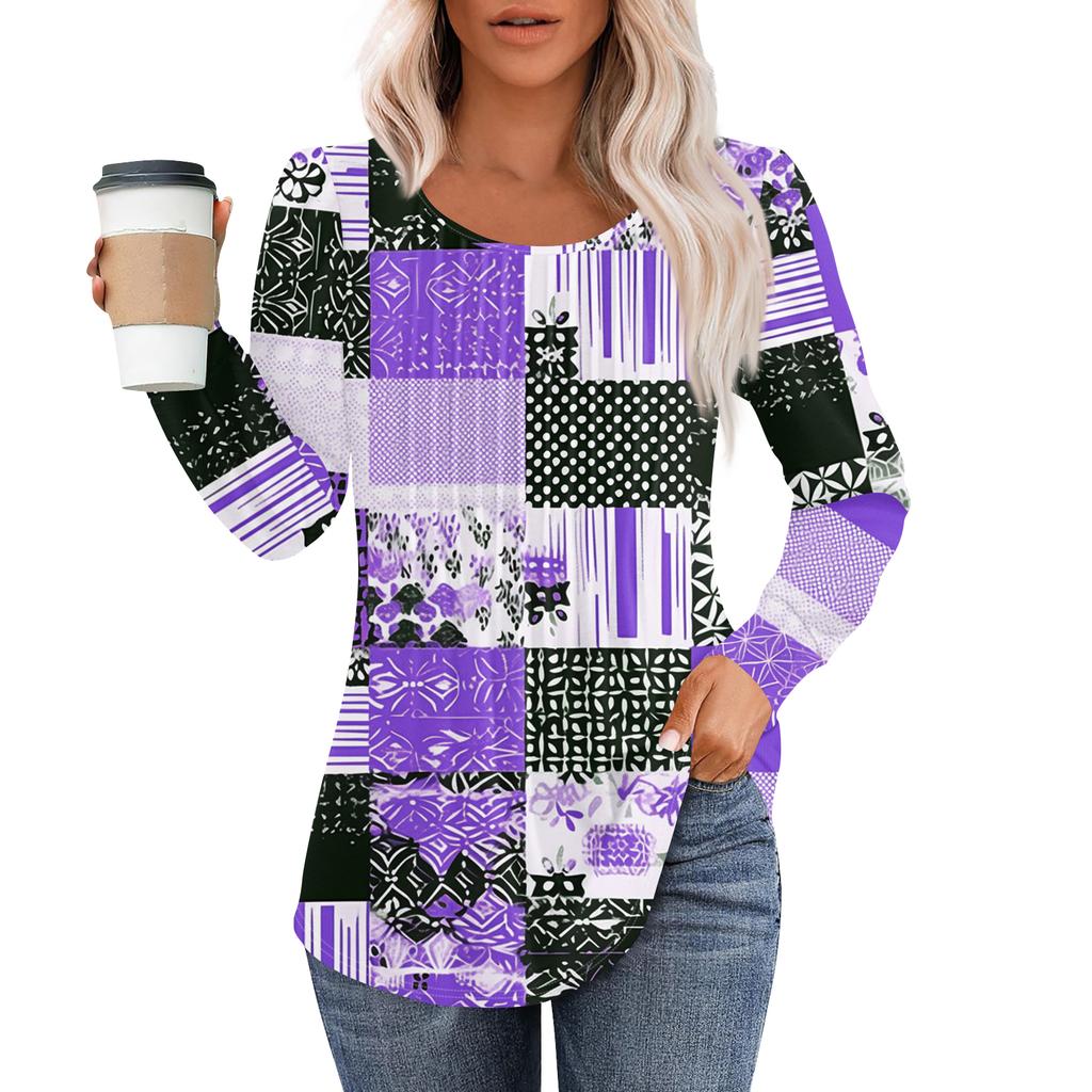 Women's Fashion Casual Pleated Round Neck Vintage Floral Print Long Sleeve T,Shirt Top