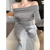 Salt light ripe suit women's one-word shoulder T-shirt top spring new high-waisted wide-leg pants temperament pants two-piece set