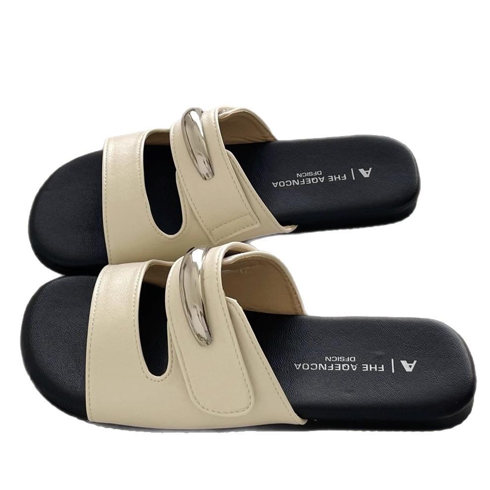 French Retro Silver One-word Drag Women Wear 2025 Summer New Lazy Soft Bottom Fairy Style with Skirt Sandals