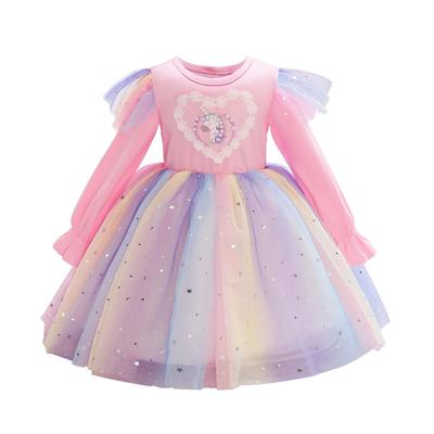 Girls' Long-Sleeve Unicorn Rainbow Sequined Princess Dress - Spring & Autumn Birthday Outfit