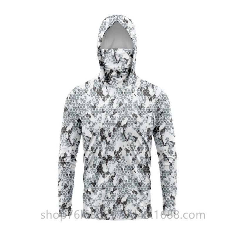 Mens Quick-Dry Ice Silk Long Sleeve UPF 50 Sun Protection Hooded Fishing Shirt With Integrated Face Cover