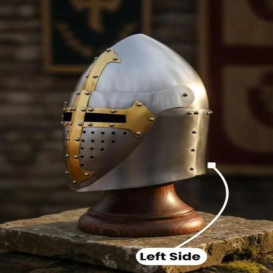 Crusader Knight Great Helmet with Brass Cross, 18 Gauge Steel Medieval Templar Helmet for LARP, SCA, Reenactment Gift