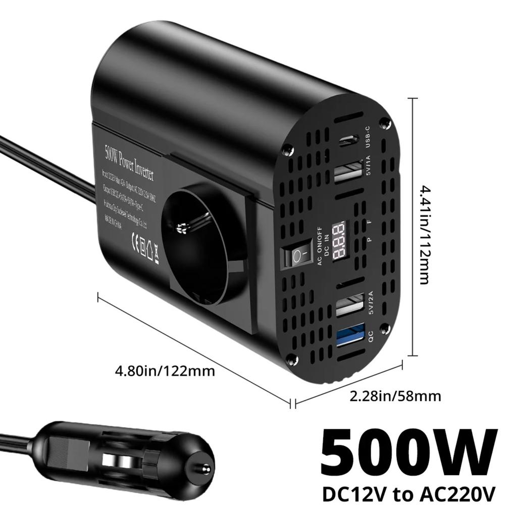 400W/500W/1500W Car Inverter DC 12V To AC 220V Converter 3USB 2.0 and 1USB QC3.0 European Standard Socket