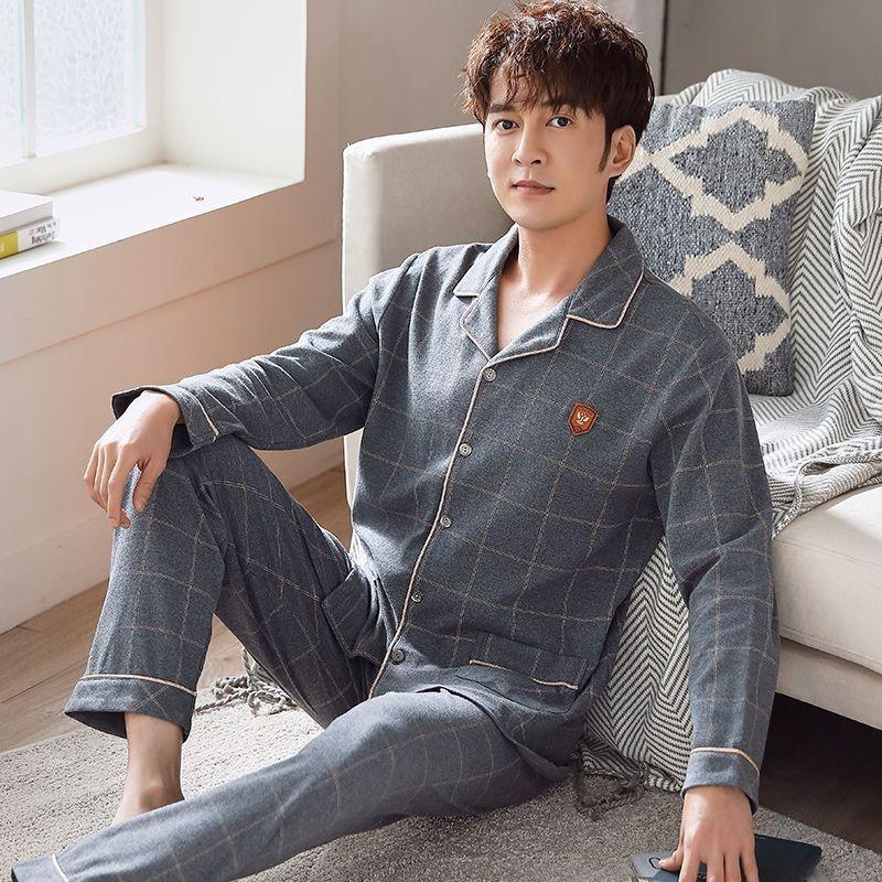 High-Grade Cotton Pyjamas Men's Autumn Winter Long-Sleeved Big Yards Outside The Cardigan Homewear Plaid Sleepwear